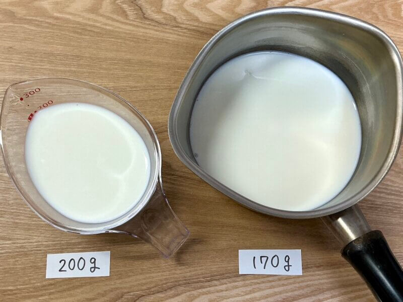 牛乳を200gと170gに分けているところ